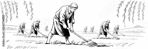 Farmers tilling soil with rakes in field. Black and white illustration. Farm workers