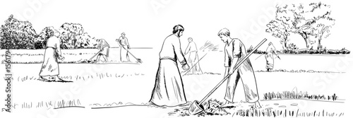 People working field farming with shovels in agriculture landscape sketch