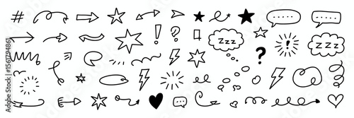 Hand drawn doodle set: arrows, stars, speech bubbles, zzz, question mark vector elements