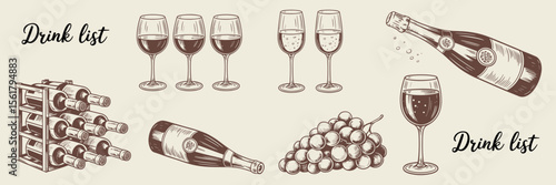 Wine and Champagne Selection Menu, Drink List, Alcohol, Wine Rack, Grapes