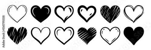 Set of black and white heart doodles, love symbols, romantic graphic element design