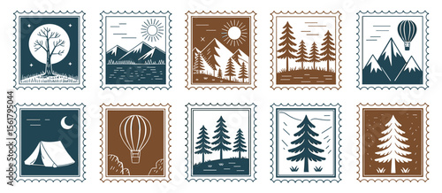 Set of ten camping themed vector stamp illustrations, landscape, outdoor, nature, adventure