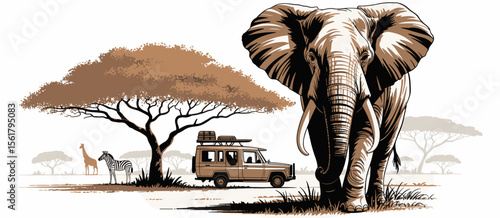 Safari scene with elephant, car, giraffe, zebra, and tree in sepia drawing landscape