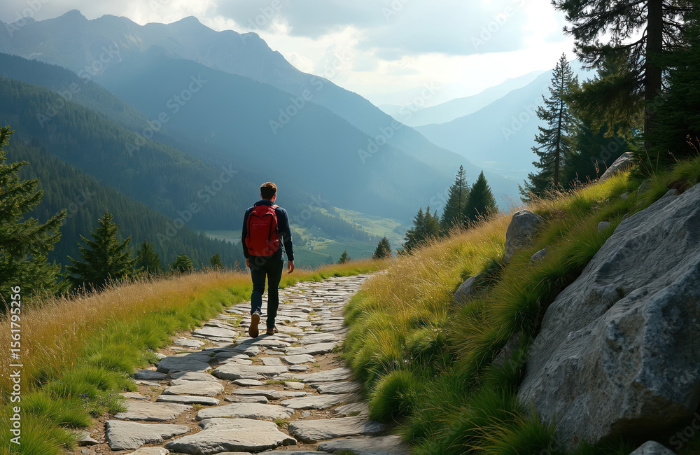 Obraz premium Hiker walks stone path. Green mountain landscape with trees, hills under sky. Travel journey adventure tourism. Active lifestyle, hiking, climbing, outdoor activities.