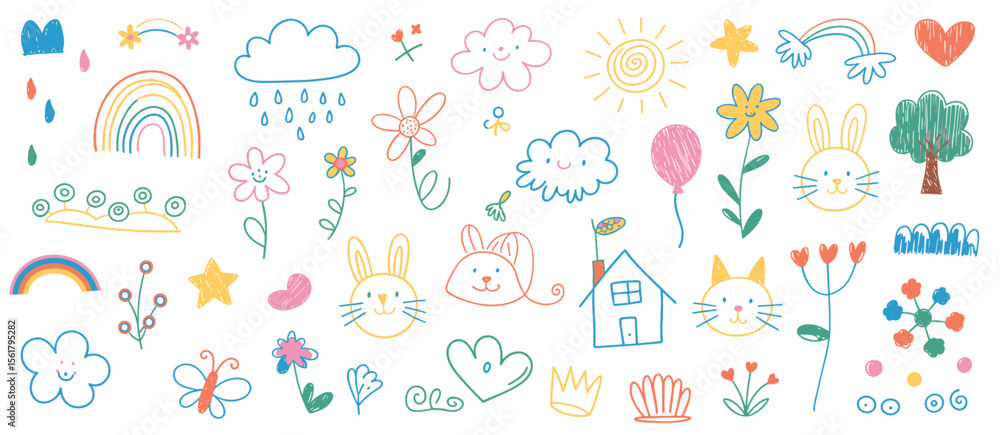 Childlike drawings: rainbow, clouds, flowers, heart, sun, bunny, house, cat, tree Childlike drawings: rainbow, clouds, flowers, heart, sun, bunny, house, cat, tree