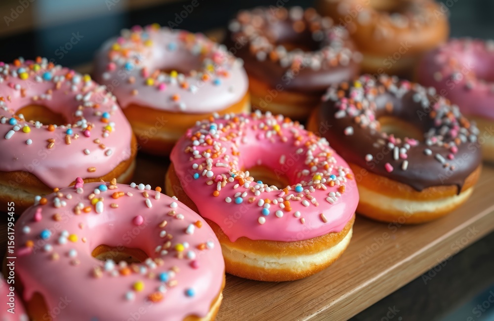 Fresh donuts with pink chocolate glaze colored sprinkles displayed in cafe. Delicious sweet dessert treats, bakery. Cafe window sale. Tasty breakfast meal. Confectionery, sugar product. Fresh donuts with pink chocolate glaze colored sprinkles displayed in cafe. Delicious sweet dessert treats, bakery. Cafe window sale. Tasty breakfast meal. Confectionery, sugar product.