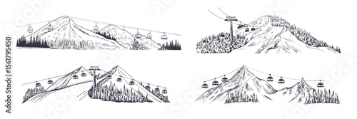 Ski resort illustration with ski lift, mountains, trees, hand drawn sketch style
