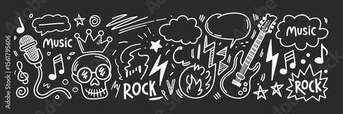 Rock music doodles: Guitar, skull, microphone and music notes in sketch style