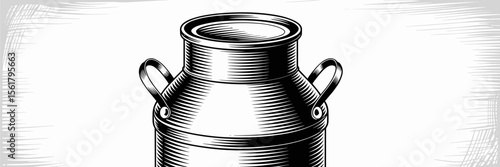Milk can illustration, dairy container, vintage farm metal canister, drawing art, retro style, food