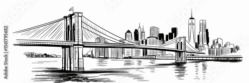 Brooklyn Bridge sketch with New York City skyline, urban, travel, architecture, cityscape, drawing