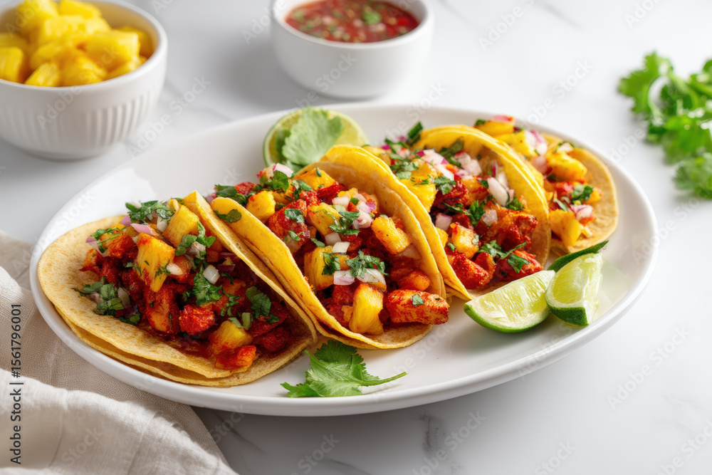 Tacos Al Pastor with Pineapple. Delicious tacos al pastor on a white plate, garnished with pineapple, cilantro, and lime. A bowl of pineapple and salsa is also included. Tacos Al Pastor with Pineapple. Delicious tacos al pastor on a white plate, garnished with pineapple, cilantro, and lime. A bowl of pineapple and salsa is also included.