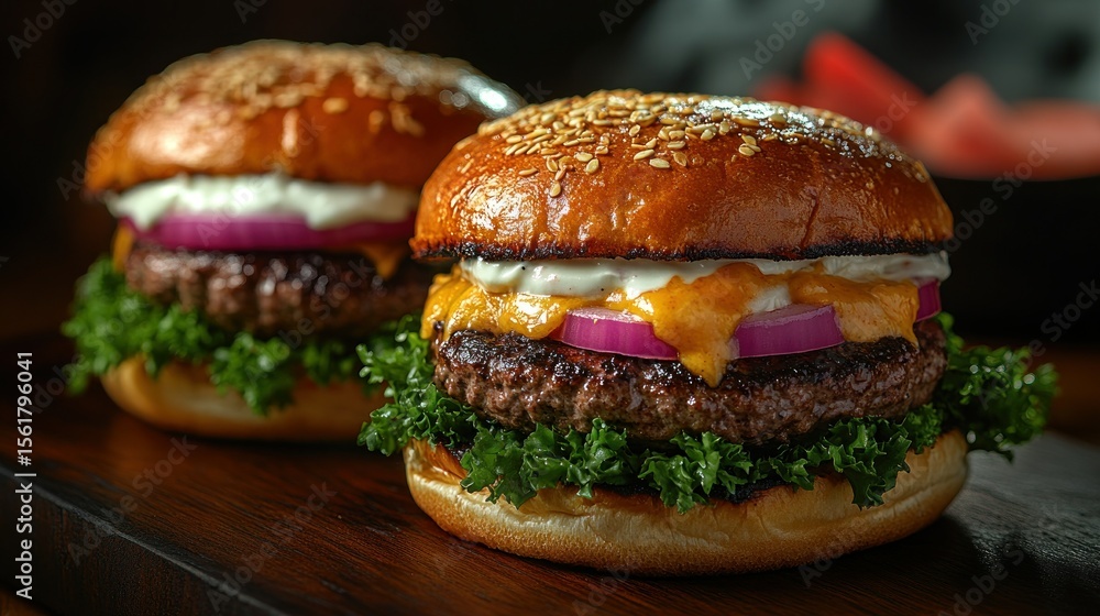 Two gourmet hamburgers on a wooden board Two gourmet hamburgers on a wooden board