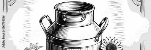 Milk can drawing with sunflower, vintage, farm, dairy, rural, container, monochrome, line art