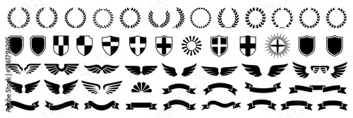 Heraldic elements: laurel wreaths, shields, wings, and ribbons design set