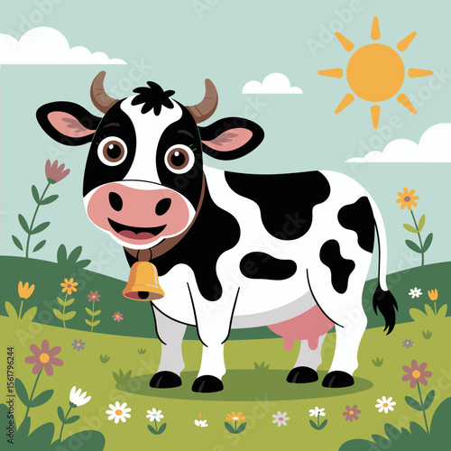 Cartoon cow with bell in field illustration, cute farm animal in pasture with flowers and sun