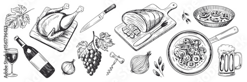 Hand drawn food and drink illustration: Chicken, meat, vegetables, soup, beer and wine