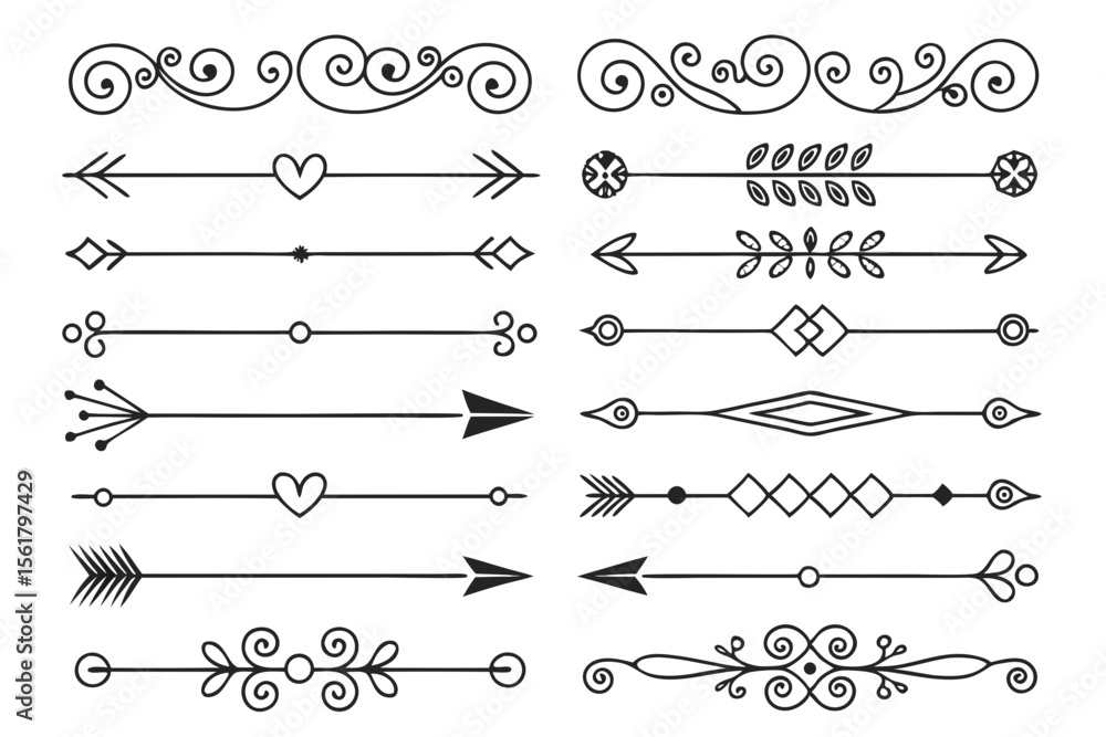 Fototapeta premium Decorative Divider Set Featuring Curved Arrows, Swirls, and Floral Borders in Elegant Hand-Drawn Black Vector for Layouts and Invitations.