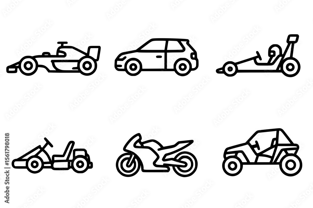 Naklejka premium Vector Illustration of Minimalist Motorsport Vehicle Icon Set
