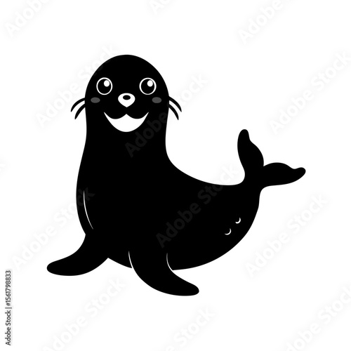 Smiling seal full black silhouette friendly marine animal vector illustration