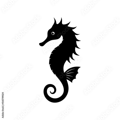 Vector seahorse full black silhouette sea creature with curled tail vector illustration