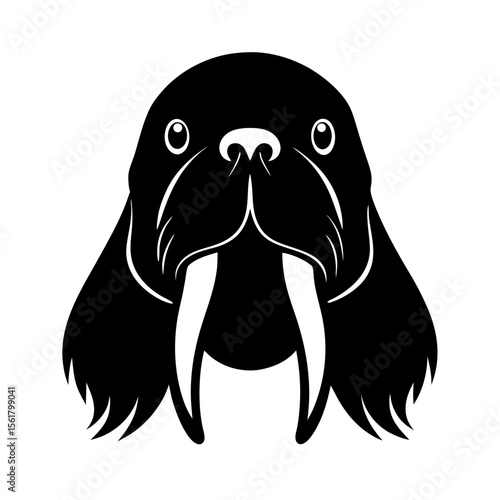 Walrus head full black silhouette arctic sea mammal with tusks vector illustration