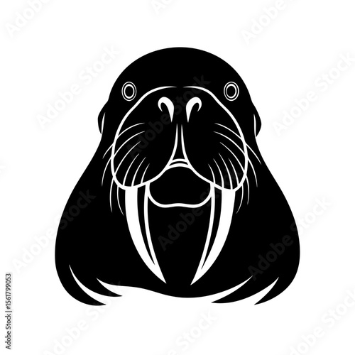 Walrus head full black silhouette arctic mammal with long tusks vector illustration