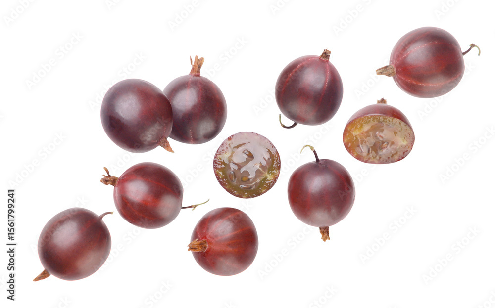 Obraz premium Ripe gooseberries flying on a white background. Isolated
