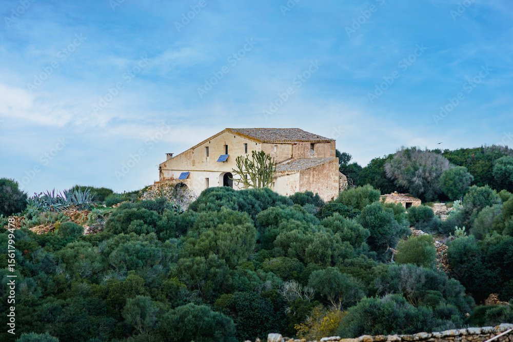 Traditional Menorcan Farmhouse Nestled Among Lush Mediterranean Greenery on a Hilltop. Rural Architecture, Rustic Charm, Untouched Landscape, Serene Setting, rural tourism promotion, real estate Traditional Menorcan Farmhouse Nestled Among Lush Mediterranean Greenery on a Hilltop. Rural Architecture, Rustic Charm, Untouched Landscape, Serene Setting, rural tourism promotion, real estate