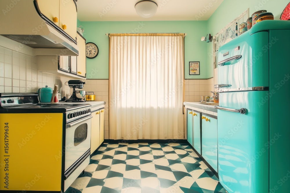 Fototapeta premium Retro Kitchen with Teal Refrigerator