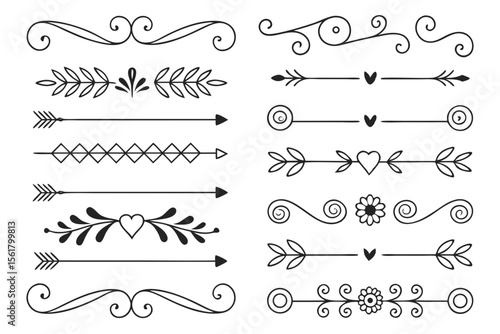 Collection of Elegant Hand-Drawn Dividers Featuring Curved Arrows, Swirls, and Floral Borders in Black Vector for Creative Invitations and Layout Projects.

