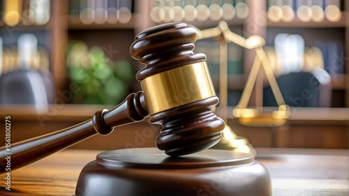 Wooden gavel and brass scales of justice rest on a desk in a legal setting, representing law, judgement, and the court system.