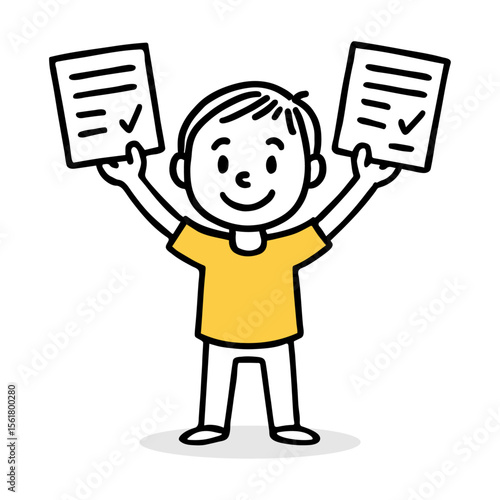 Happy Boy Child Holding Certificates. Joyful Kid in Yellow Shirt, Celebration Vector Illustration, Hand-Drawn Simple Doodle Line Art