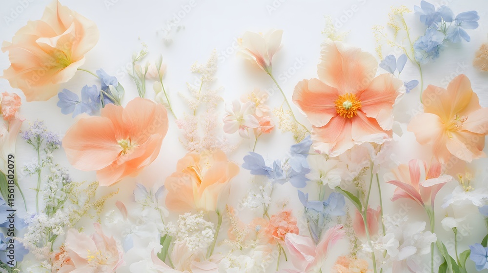 Obraz premium Pastel Peach and Blue Flower Arrangement Flatlay