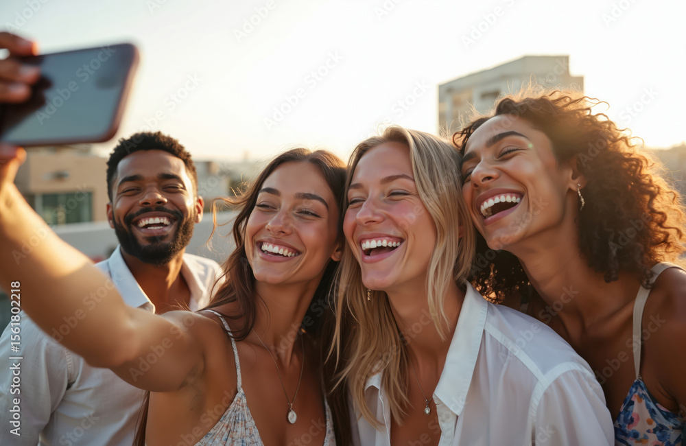 Naklejka premium Multiracial friends take selfie rooftop party. Young people laugh, smile together outdoors at sunset. Joyful happy group enjoying weekend, celebrating life, friendship, fun time.