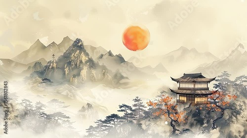 traditional chinese watercolor painting of misty mountains