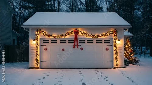 Snowy Garage with Christmas Lights.