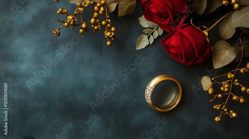Romantic Gold Ring with Red Roses and Gold Accents