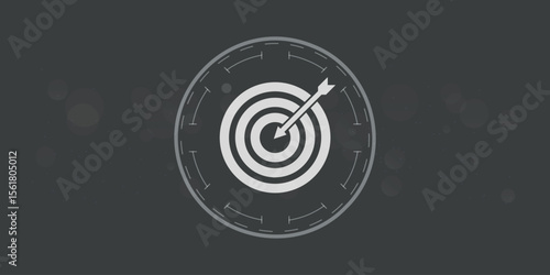 Abstract black and white target with a white arrow aiming for success at the center of the dartboard, symbolizing business accuracy and goal achievement