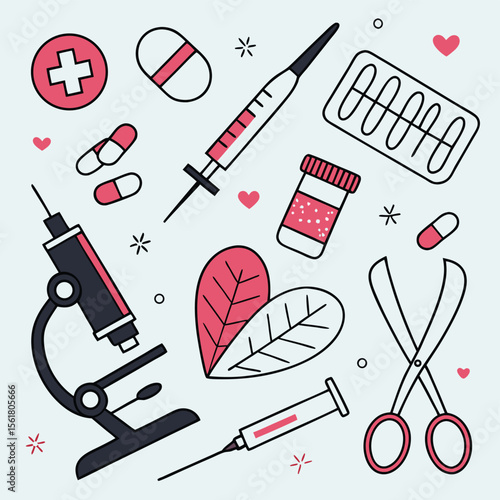 Medical illustration healthcare tools and pharmaceuticals