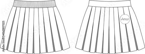 Women’s Pleated Skirt with Logo CAD Technical Flat Vector Drawing Front Back View Fashion Waistband Apparel Garment Template Design Sketch