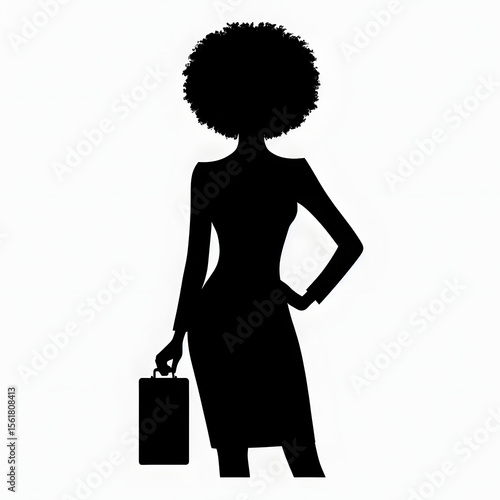 This image is a black silhouette of a woman with an afro hairstyle wearing a dress and holding a handbag