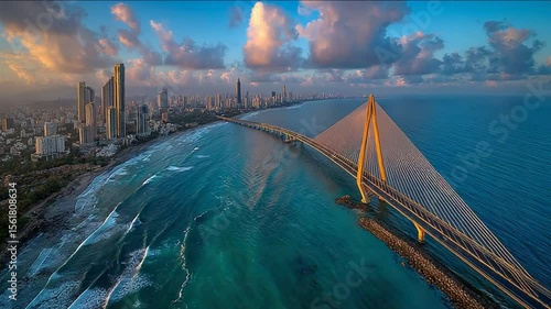 Bandra Worli Sea Link Mumbai Aerial View at Sunset, India - Modern Cityscape