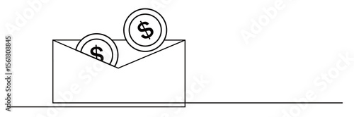 continuous line art of an envelope containing dollar coin pieces. business, profit, finance, and success icons.
