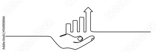 continuous line art of a hand with an upward arrow graphic. business icon, profit, finance, and success