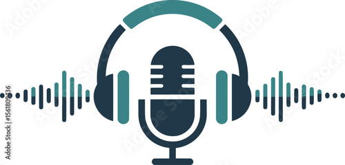 Podcast Recording Studio Icon with Microphone Headphones and Sound Waves in Teal and Dark Blue Colors Representing Audio Production Broadcasting and Digital Communication