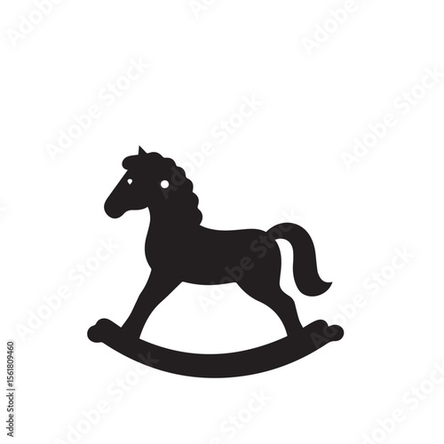 Children's rocking horse silhouette in black with cloud shapes and abstract background elements, minimalistic flat vector Adobe Illustrator Artwork