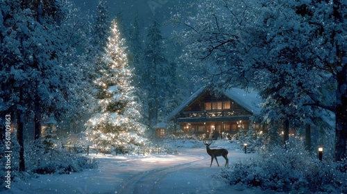 A serene winter night scene with a snow-covered cabin, lit Christmas tree, and a deer standing in the snowy forest.