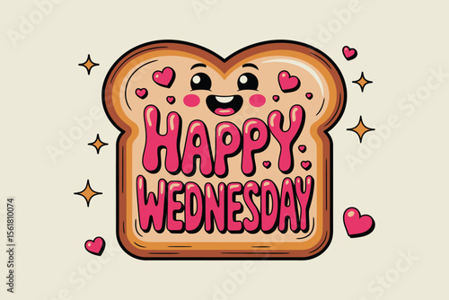 Cute cartoon toast character greeting Happy Wednesday, great for social media posts, banners, and greeting cards to brighten someones day.