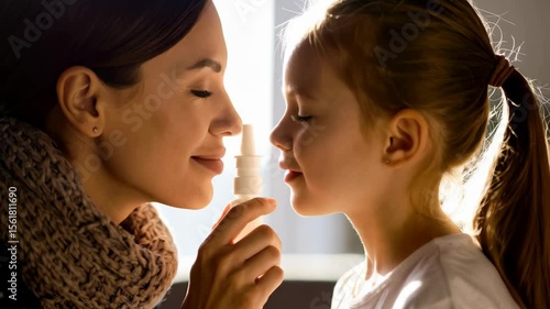 Mother applying nasal spray to her little daughter's nose to treat a cold or allergy for health care routine