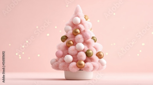 Pink Christmas tree with gold and white ornaments on a soft pink background, surrounded by glowing lights, creating a festive and whimsical atmosphere.